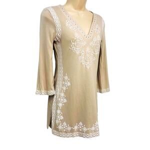 INC International Concepts Tan White Mosaic Print Tunic 3/4 sleeve V Neck